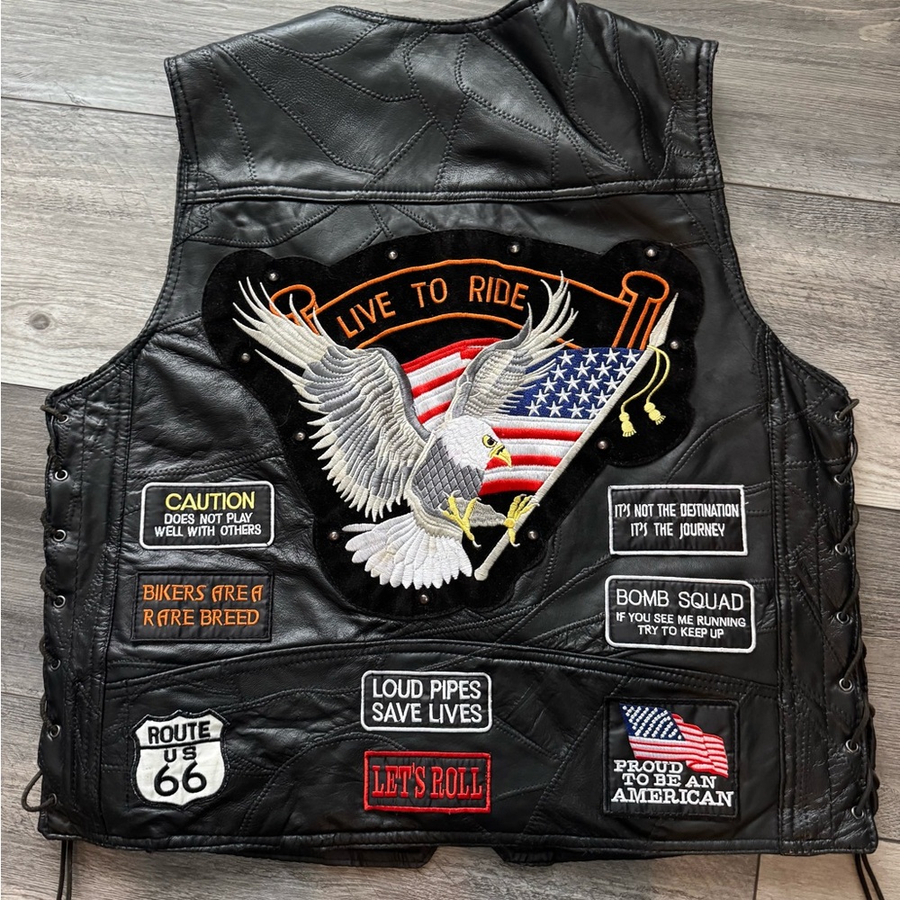 Men’s Black Leather Biker Vest with Patches and lace-up sides - Picture 3 of 6